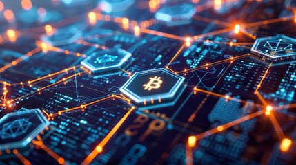 Obraz premium The image symbolizes the decentralized nature of Bitcoin, the interconnectedness of the blockchain, the global reach of cryptocurrency, the potential for growth, and the security of digital assets.