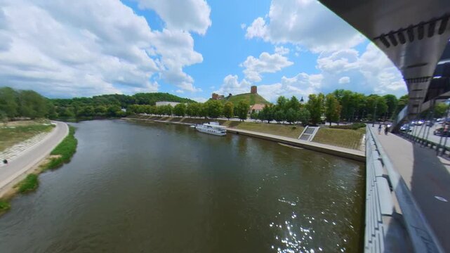 Metal Structures of the Mindaugas Bridge in Vilnius, Lithuania. Wide Angle Slow Motion Shot.