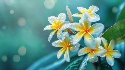 Naklejka premium A close-up image of white plumeria flowers with dew drops, symbolizing purity, tranquility, beauty, nature, and serenity.