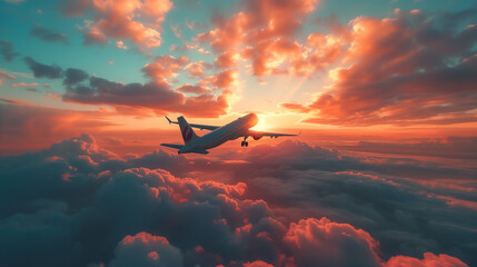 Cinematic shot of an airplane flying in the sky, sunset, clouds, beautiful sky