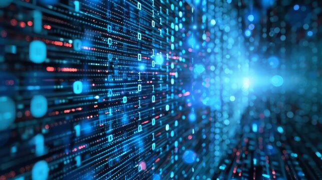 This abstract background image showcases the digital data stream with binary code, representing the concept of technology, information flow, connectivity, data processing, and innovation.