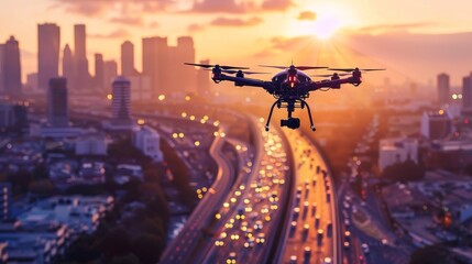A drone captures a stunning aerial view of a city at sunset, highlighting the cityscape's beauty, the vastness of urban development, technological advancement, and the mesmerizing sunset.