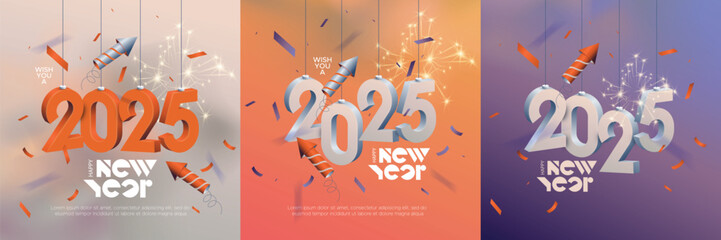 Happy new year 2025 square template with 3D hanging number. Greeting concept for 2025 new year celebration. 2025 new year 3D concept