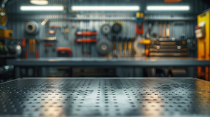 Empty metal surface with a backdrop of blurred automotive tools and parts, suitable for auto product advertisements.