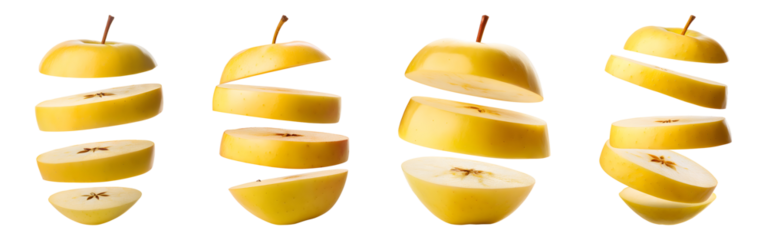Flying yellow apple slices isolated transparent background, PNG set