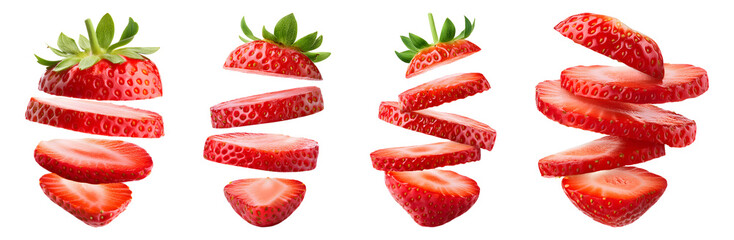 Flying strawberry slices isolated transparent background, PNG set