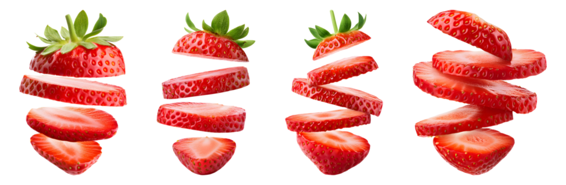 Flying strawberry slices isolated transparent background, PNG set