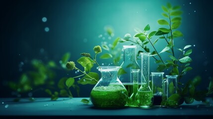 Biology laboratory nature and science concept: close-up of plants with biochemistry molecular structure overlay on green background, highlighting plant research and biological discoveries in botanical