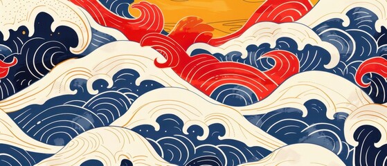Japanese traditional motifs, seamless wave pattern, flat design illustration