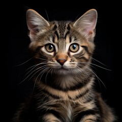 Close-up portrait of an adorable tabby kitten with big, expressive eyes, set against a dramatic black background. Perfect for use in a variety of creative projects and designs.