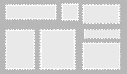 Blank set of 7 postage stamps. Paper postmarks for mail letter isolated on grey background. Vector illustration.