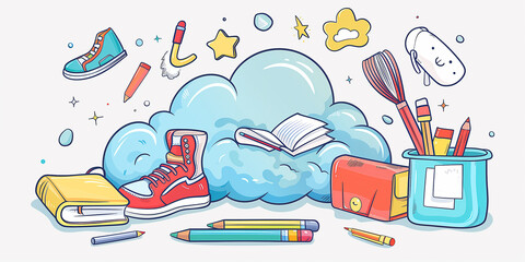 Schule Wolke mit unterschiedlichen Utensilien. Einschulung oder lernen.