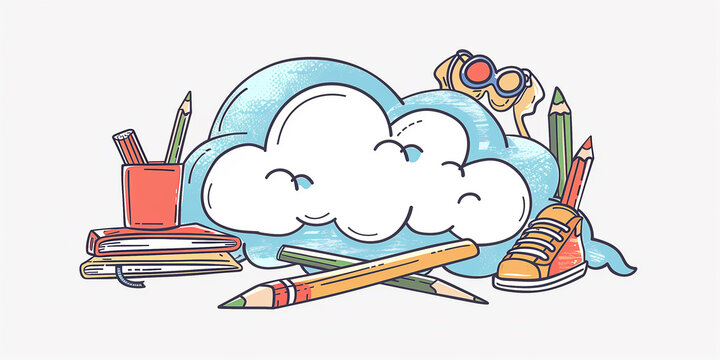 Schule Wolke mit unterschiedlichen Utensilien. Einschulung oder lernen.