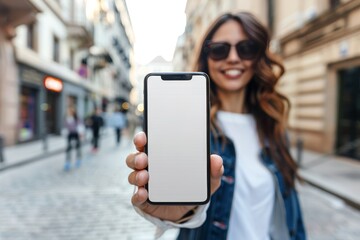 Young woman showing a blank smartphone screen in the city, ready for your app or message, highlighting urban lifestyle and technology