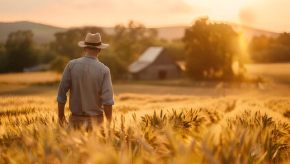 A farmer walking through a golden wheat field at sunset, with a rustic barn in the background and beautiful hills in the distance.