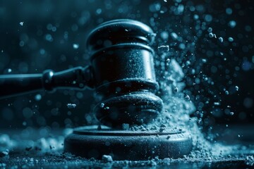 A wooden gavel slams down on a block, creating a burst of dust and debris. The image is shot in a dark, dramatic style.