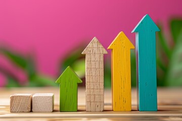 Colorful wooden arrows pointing upwards on a wooden table with a pink background and green plants.