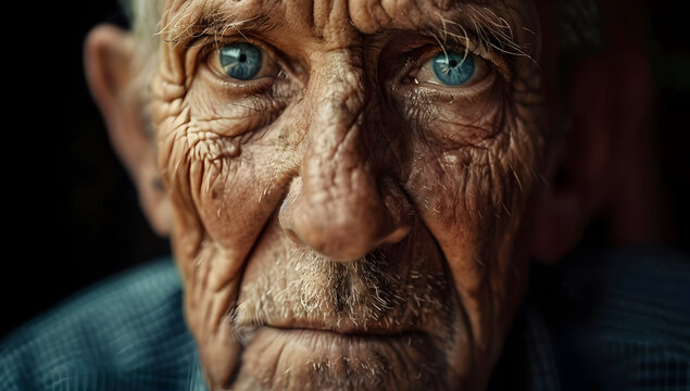 Close-up portrait of an elderly man with deep wrinkles and piercing blue eyes, showcasing the details and wisdom in his aged face.