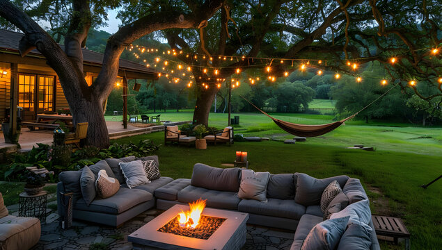 Cozy outdoor patio with string lights, hammock, fire pit, and comfortable seating area under large tree at twilight.
