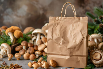 Eco-friendly paper bag surrounded by an assortment of fresh forest mushrooms, showcasing nature and organic produce.