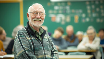 Elderly man smiling in a classroom setting, surrounded by people, showcasing lifelong learning and education in a bright, engaged environment.