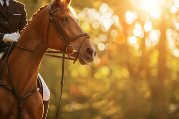 Obraz premium Close-up of a beautiful brown horse, highlighting the majestic and noble features of this equine companion, ready for equestrian sports