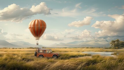 Obraz premium A whimsical illustration of a safari vehicle transformed into a hot air balloon soaring over the savanna.