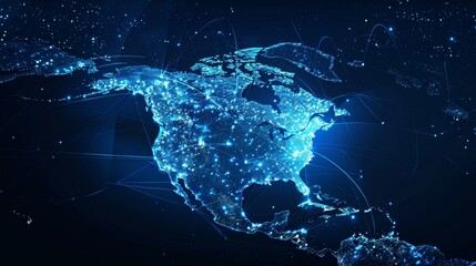 Naklejka premium A digital rendering of North America, illuminated with glowing nodes and interconnected lines, representing global connectivity, communication, and technology.