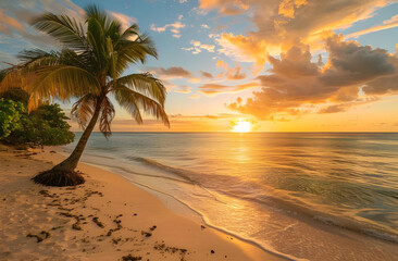 Fototapeta premium Stunning tropical beach sunset with vibrant colors, palm trees, and calm ocean water, perfect for relaxation and nature enthusiasts.