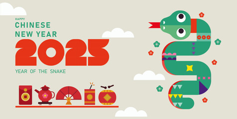 happy new year 2025, Chinese new year, year of the snake, Chinese zodiac snake in geometric flat modern style, set of Lunar year decorations elements, Pack of Chinese pictograms