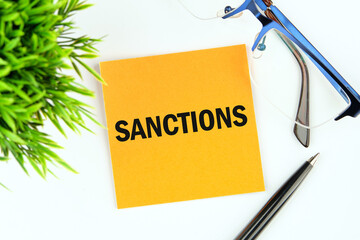 SANCTIONS word written on a yellow mustard flower sticker on a white background