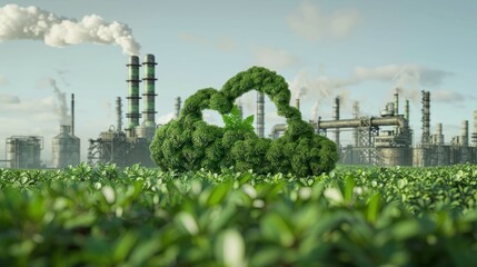 Obraz premium A symbolic image depicting a green cloud formed by plants replacing industrial chimneys, representing a shift towards sustainable practices and environmental conservation.