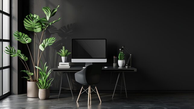 A minimalist home office with a black desk, chair, and computer, set against a black wall. Plants add a touch of nature, and a window provides natural light. This workspace symbolizes productivity, st