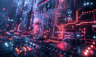 Obraz premium Immerse yourself in a futuristic tech environment with circuitry and visualization displayed in glowing neon lights.