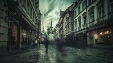 Fototapeta premium A moody image of a narrow European city street at dusk, with the buildings casting long shadows. The street is mostly empty, except for a few figures walking in the distance. The sky is dark and storm