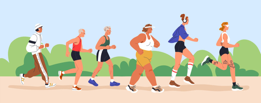 Jogging, running and walking people in park. Diverse men, women group exercising, training outdoors. Happy healthy characters of different age, cardio workout in nature. Flat vector illustration