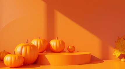 Orange pumpkins on a podium against a bright orange background with a single autumn leaf. Perfect for fall, autumn, and Halloween product mockups, advertisements, and presentations.