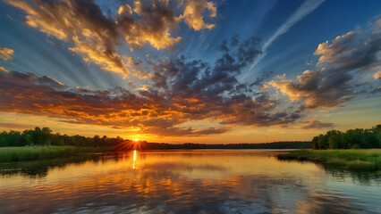 Obraz premium A beautiful sunset beyonds a lake with evening clouds