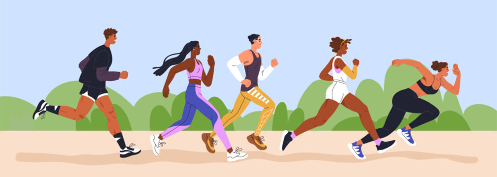 People running in park. Diverse characters group, runners in outdoor marathon, cardio training. Active young men, women jogging. Sports activity, competition in nature. Flat vector illustration - Powered by Adobe