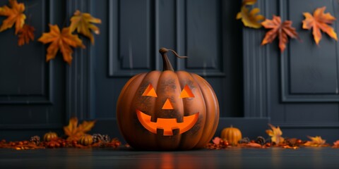 Obraz premium A lit Jack-o'-lantern sits on a porch
