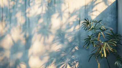 Naklejka premium A serene image capturing the shadows of palm trees cast on a wall, symbolizing tranquility, nature, peace, serenity, and light.