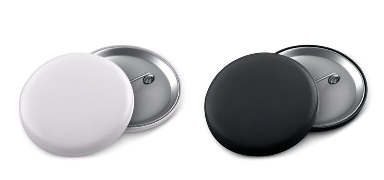 Pin button mockup set isolated on background. Vector realistic illustration of round metal white and black badges with blank surface for corporate promo branding design, souvenir back and front view