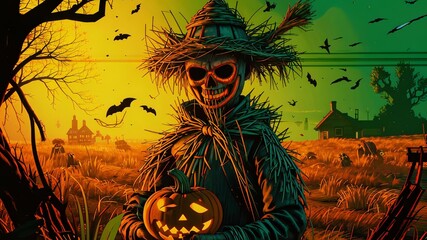 A straw scarecrow holds a Halloween pumpkin in his hands