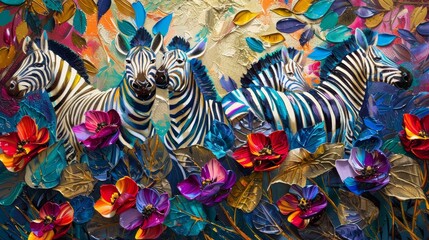A captivating image depicting four zebras gracefully moving through a lush garden overflowing with vibrant flowers, symbolizing freedom, beauty, harmony, nature, and life.
