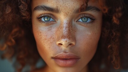 A woman with freckles and blue eyes.
