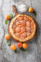 Sweet Apricots and almond homemade pie galette on board closeup on the table. Vertical top view from above
