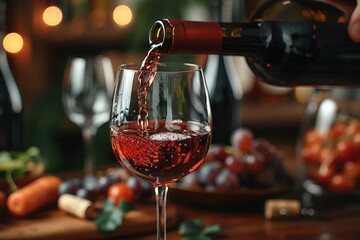 A close-up shot of red wine being poured into a glass on a wooden table, adorned with fruits and vegetables, set against a softly lit background, creating a warm ambiance.