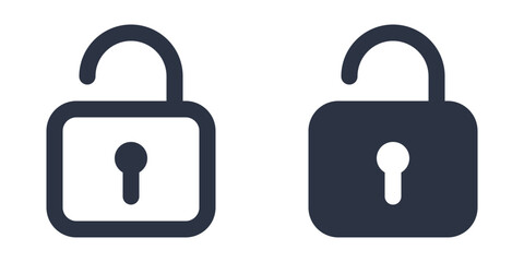 Unlock or open lock icons set designed in filled, outline, line and stroke style