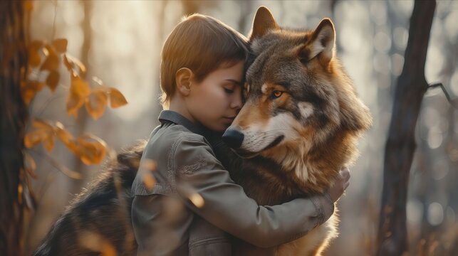 A young boy hugging a wolf in the woods.