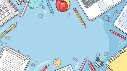 Obraz premium Office supplies on a desk, blank paper, laptop, colorful pens and pencils, a notebook